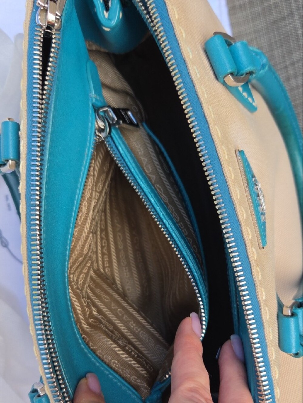 Prada Beige Canvas Satchel with Teal Leather Trim - Picture 13 of 17